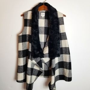B-Sharp Buffalo Plaid Checkered Faux Fur Open Front Vest